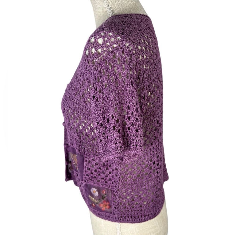 Purple Knit Handmade Gardencore Grannycore Unique Flower Patch Sweater - Picture 4 of 11